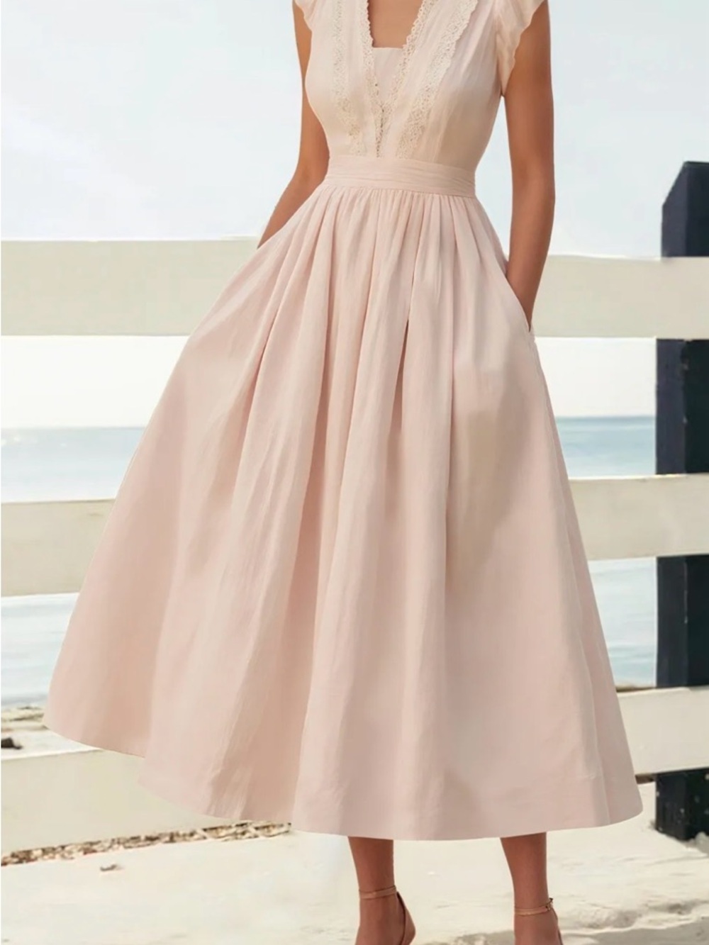 Women’s Pink V-Neck Midi Dress with Lace Trim #159
